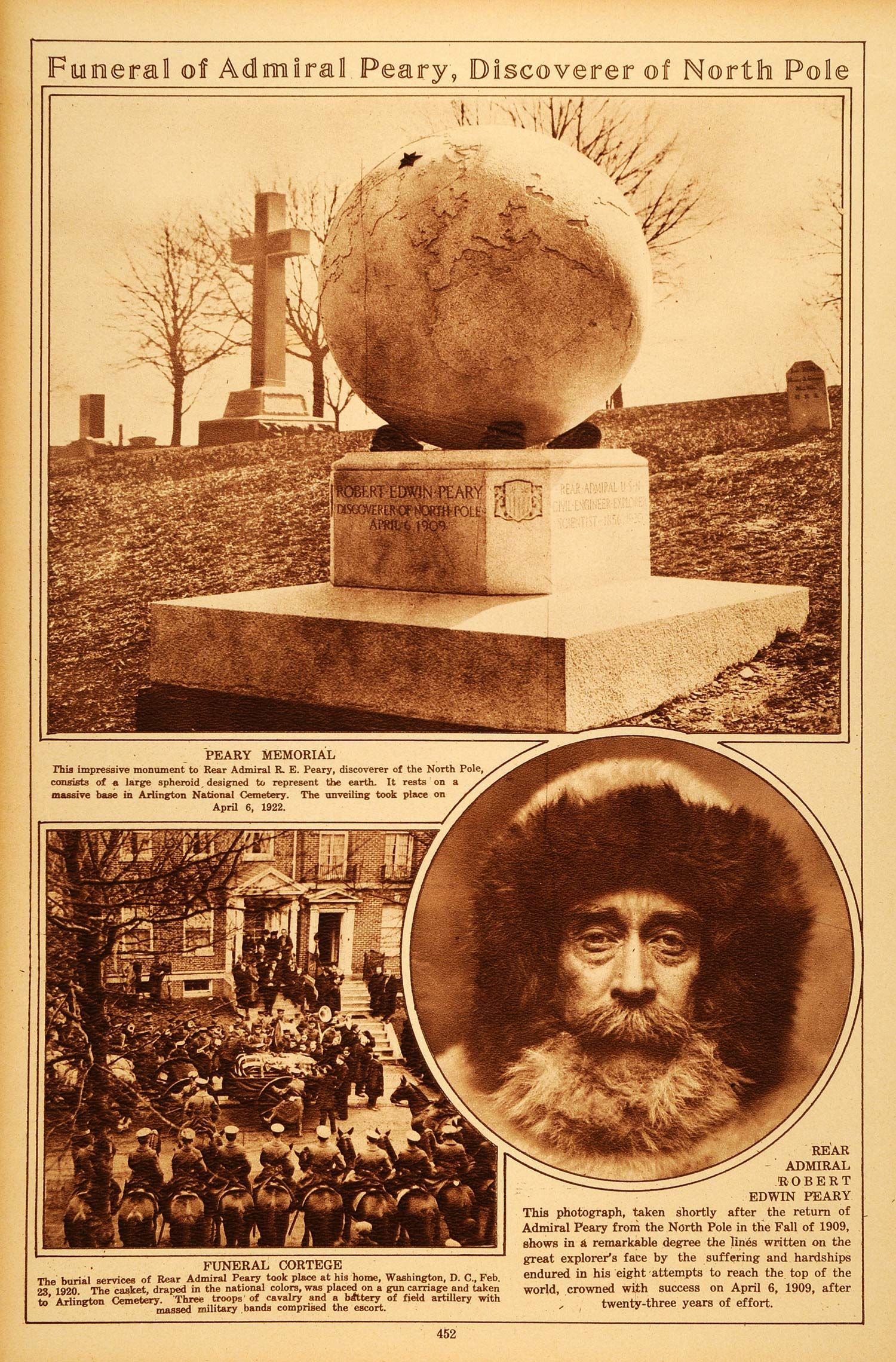  Rotogravure Peary North Pole Arlington Cemetery Portrait Washington DC