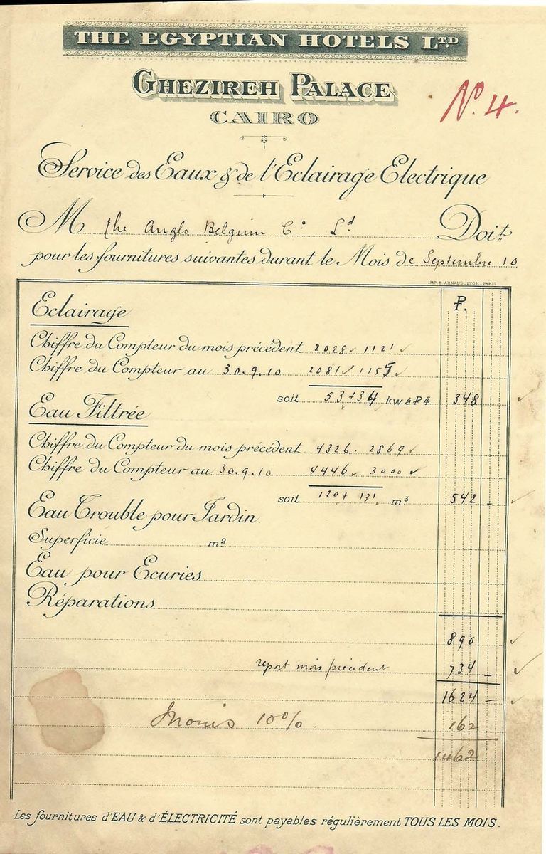 Egypt 1905 Used Ghezireh Palace Hotel Electricity Bill