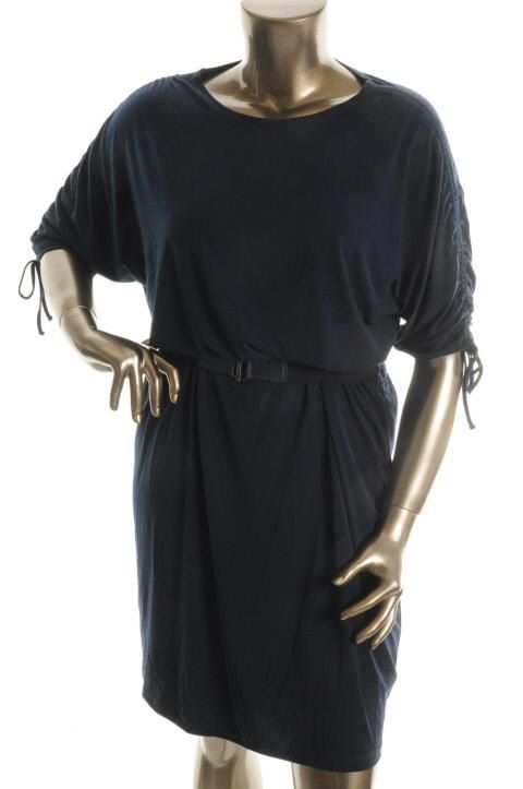 Ellen Tracy New Navy Ruched Shoulder Short Sleeve Belted Blouson