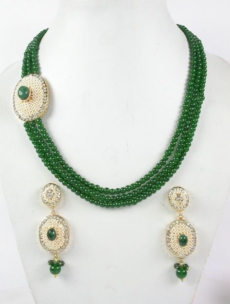 Faux Emerald 3 line with White Bead Indian Gold Tone Necklace Set