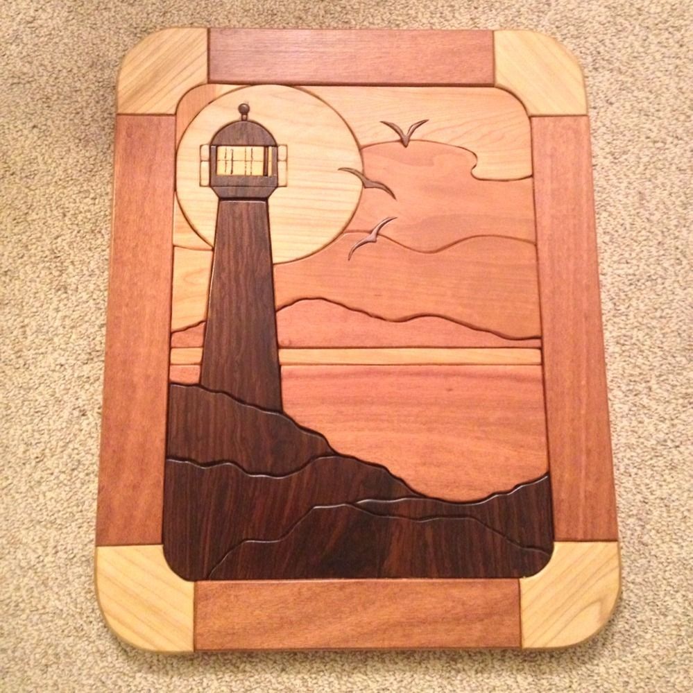 Lighthouse Wood Inlay Intarsia Art 19 5x15 5 Wall Office Plaque