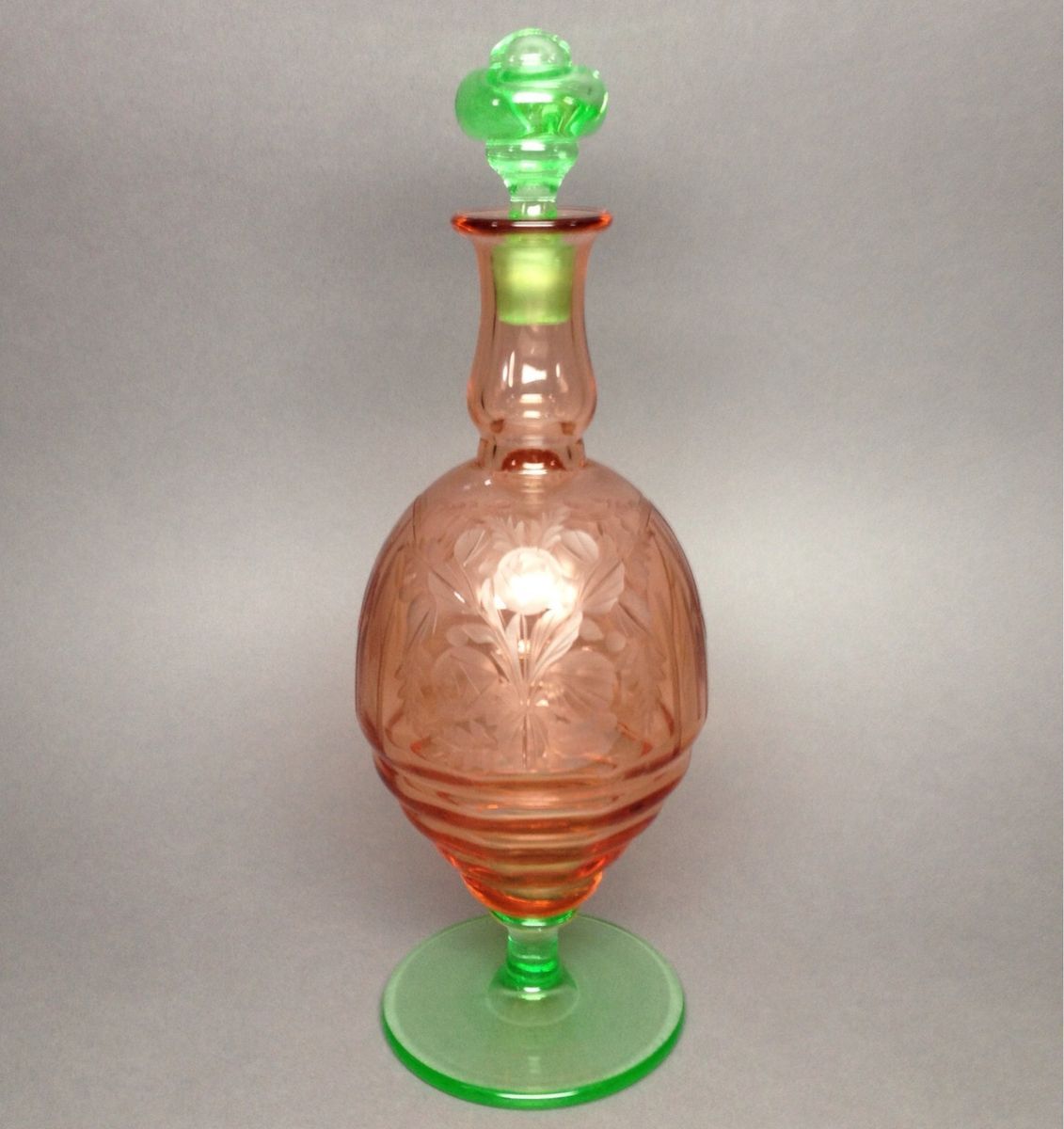 RARE Cambridge Pink Green Watermelon Glass HAWKES Etched Decanter