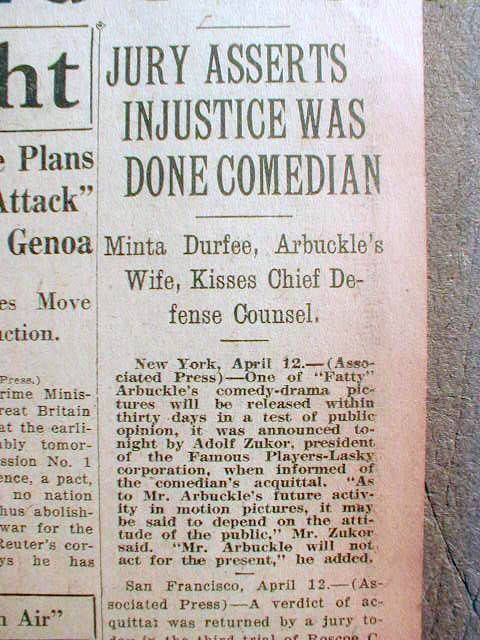 Best 1922 Headline Newspaper Fatty Arbuckle Acquitted of Virginia