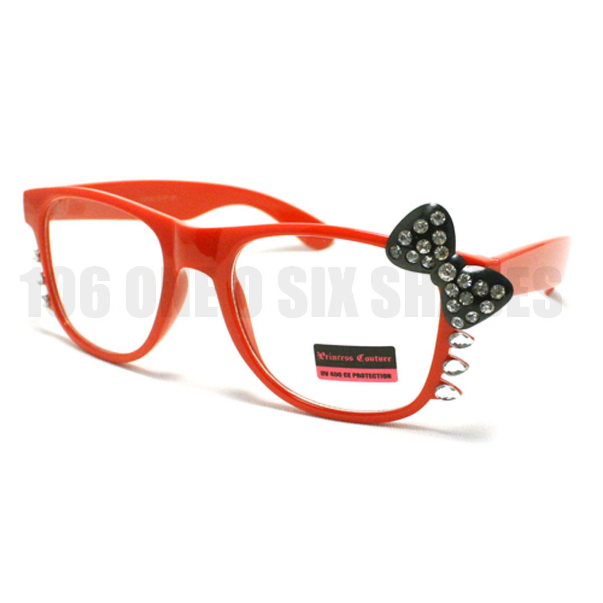 Rhinestone Bow Kitty Eyeglass Frame Womens Nerd Geek Clear Lens Black