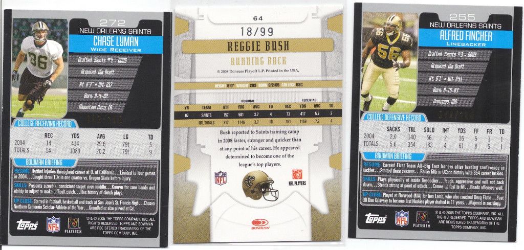 Saint Reggie Bush 99 Alfred Fincher RC 200 Chase Lyman RC 200 BV$20