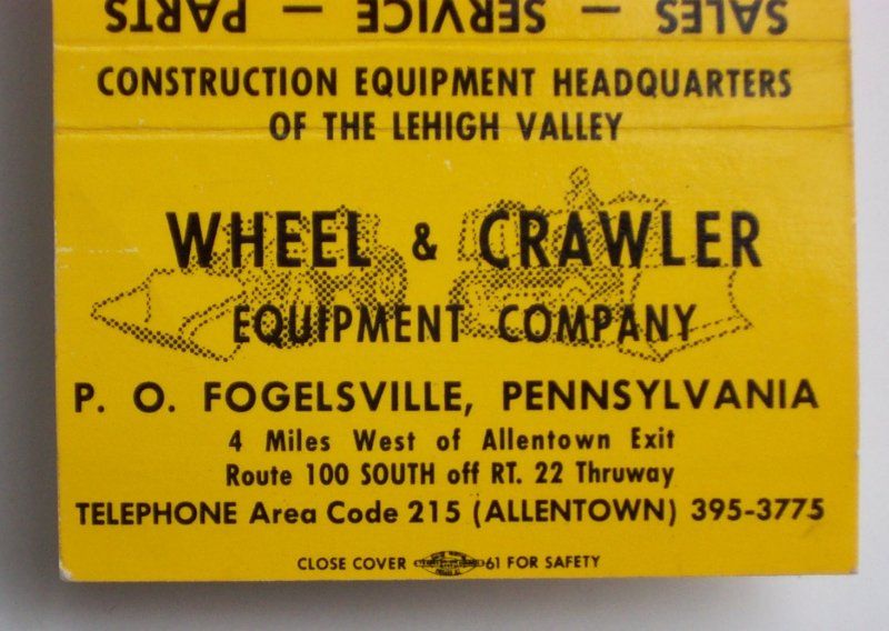 1964 Matchbook Case Equipment Crawler Fogelsville PA MB