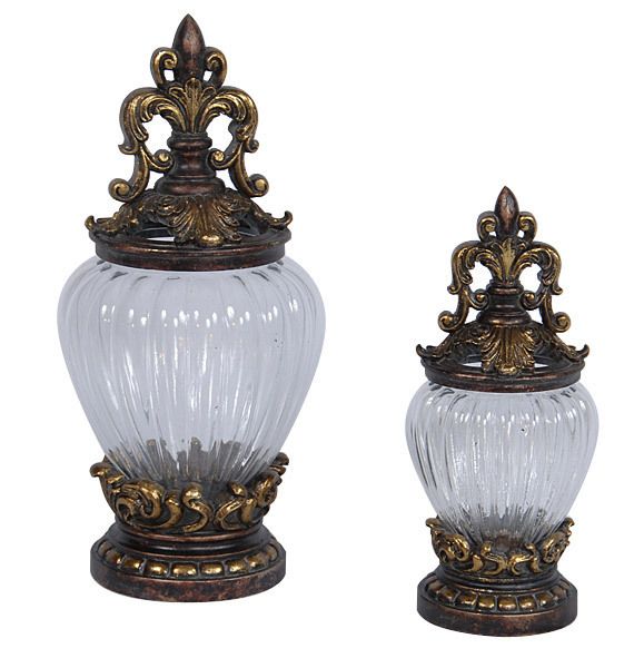 Fleur de Lis Canisters Set 2 LG SML Golden Bathroom Counter Vanity