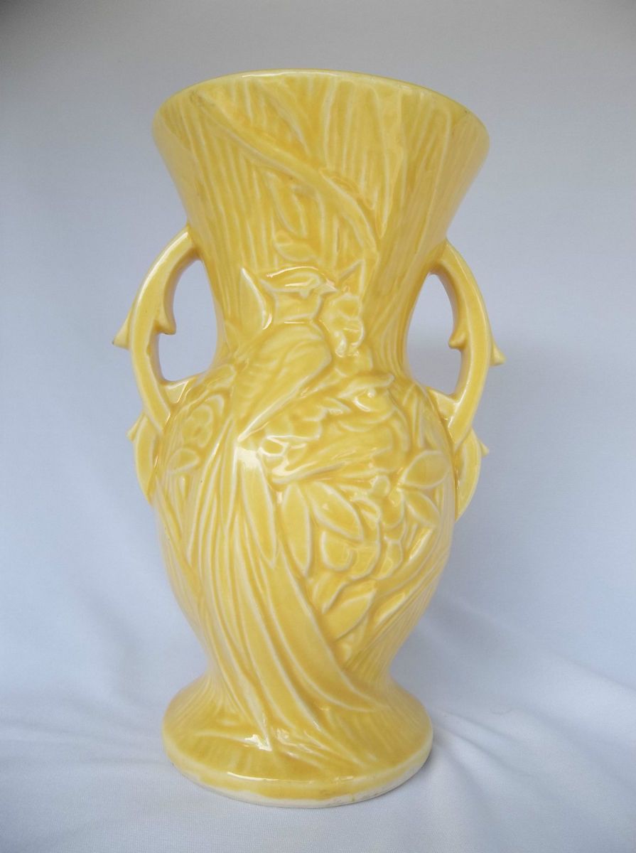 Vintage McCoy Bird of Paradise Two Handled Yellow Vase