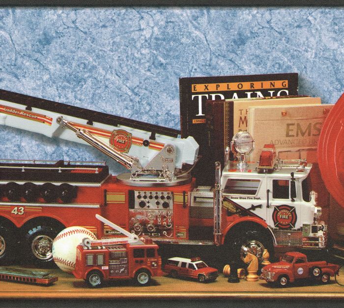 Fire Trucks Rescue Books Games Blue Back Ground Wallpaper Border Wall