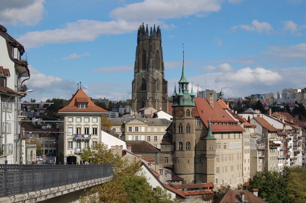 panoramic view of the city of Fribourg, Switzerland, including the