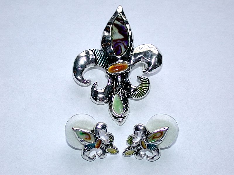  Vintage Fleur de Lis Gemstone Pin/Brooch & Pierced Earrings Set