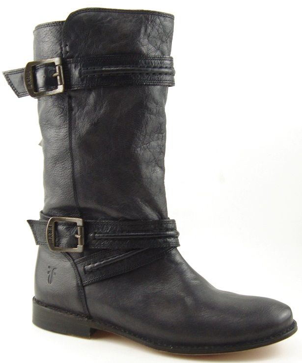 Frye Paige Trapunto Buckle Black Leather Womens Designer Shoes Mid