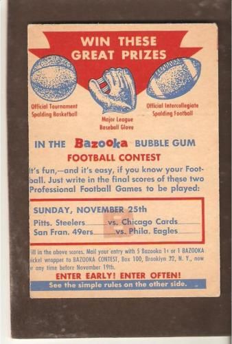 1956 Topps Contest Card CB Nov 25th Steelers 49ers VGEX