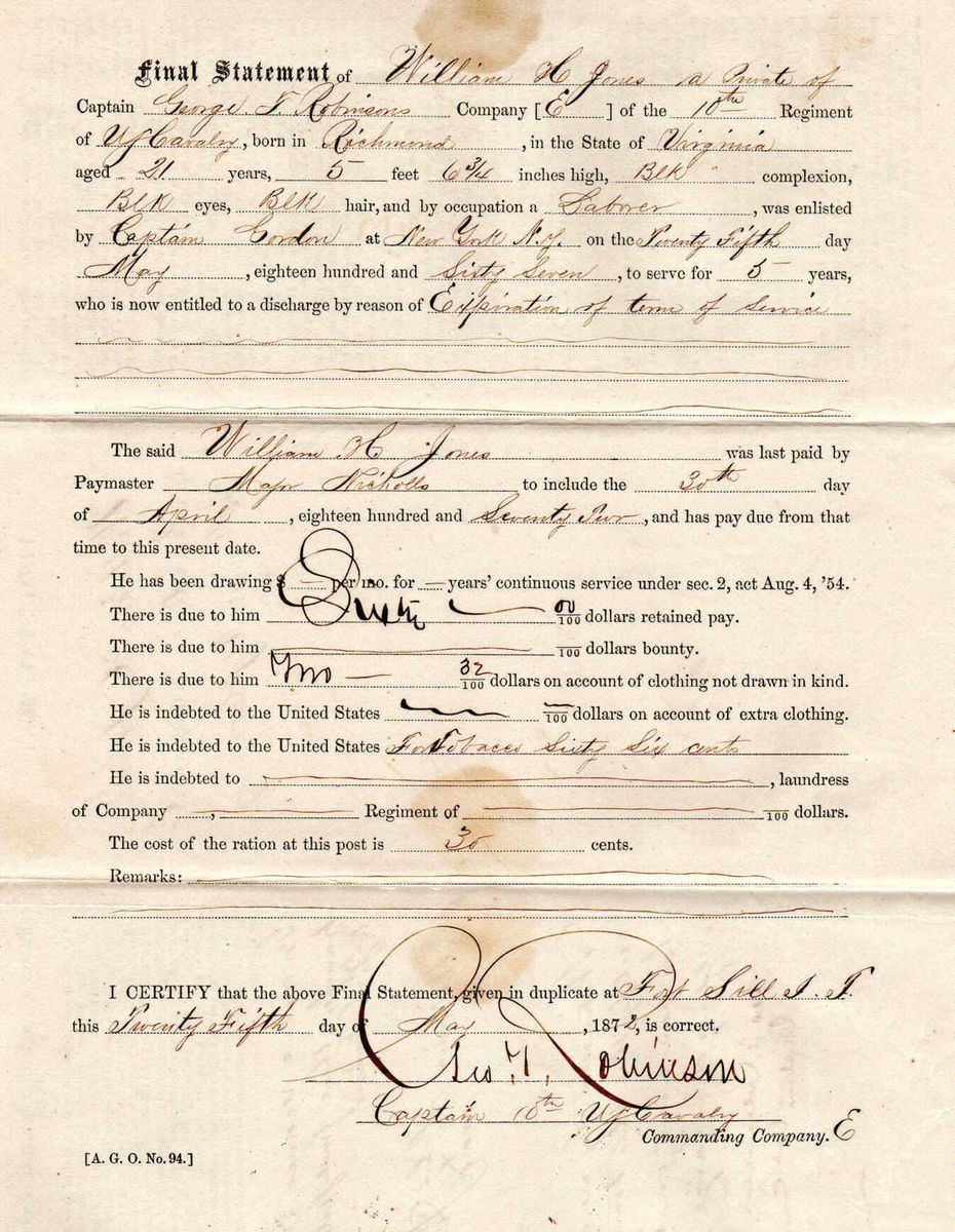 Buffalo Soldier 10th Cavalry Fort Sill Indian Territory papers signed