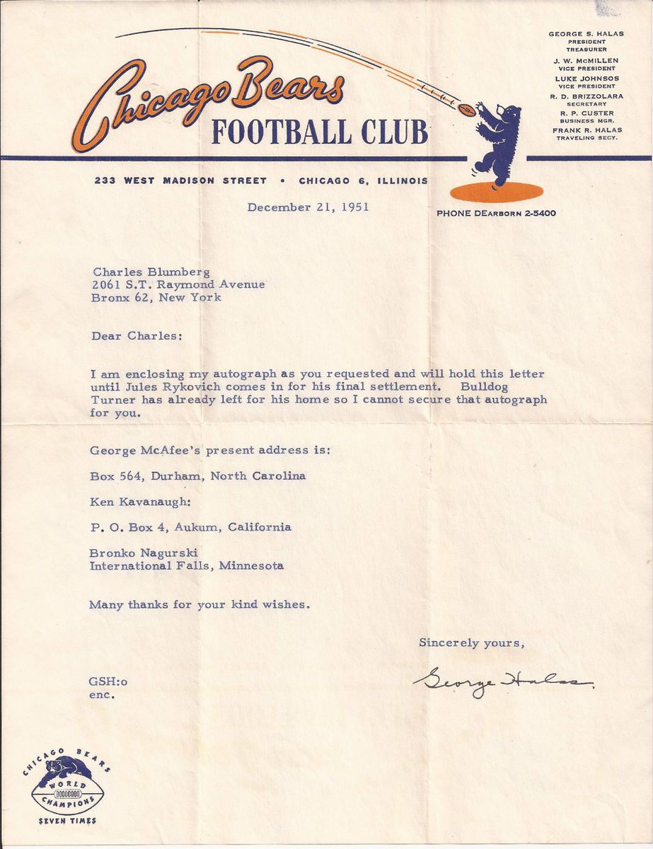 GEORGE HALAS Autograph Chicago Bears Letter Football Hall of Fame