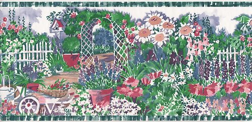 Wallpaper Border Picket Fence and Flower Garden