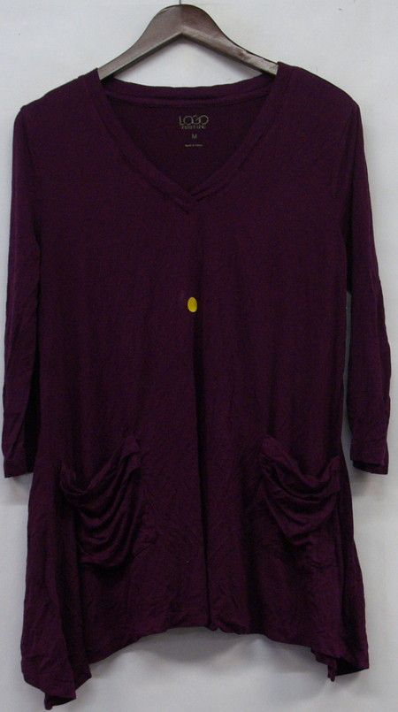 Logo by Lori Goldstein Sz M V Neck Tee Top with Pockets Boysenberry