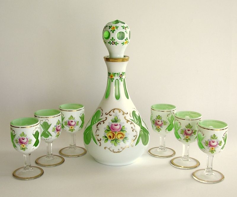 Antique Moser Glass Decanter Set Opaque White Overlay Cut to Green