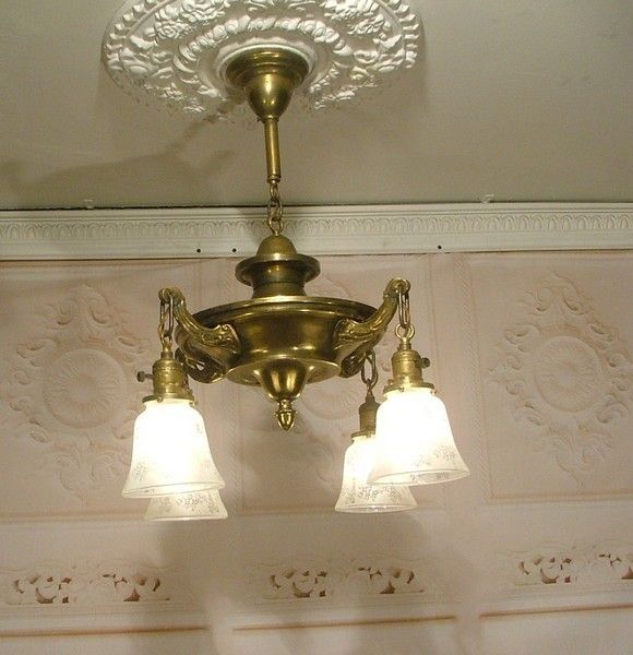 Antique Vintage Pan Brass Chandelier Fixture w Glass Shades