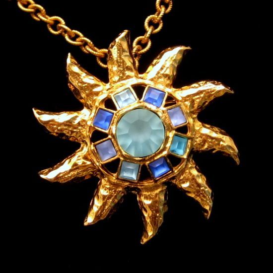 Graziano Vintage Large Star Sun Brooch Pin Pendant Necklace Blue Glass