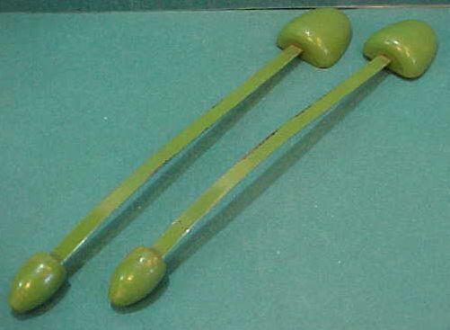 Pair green painted wood vintage spring steel style shoe stretcher