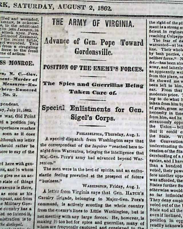 Civil War 1862 Newspaper GORDONSVILLE VA Virginia & Grand Junction TN