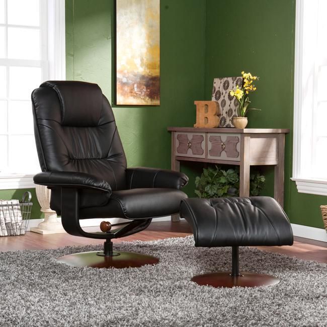 Gramercy Recliner Modern Glider Ottoman Leather Wood Combo Black New