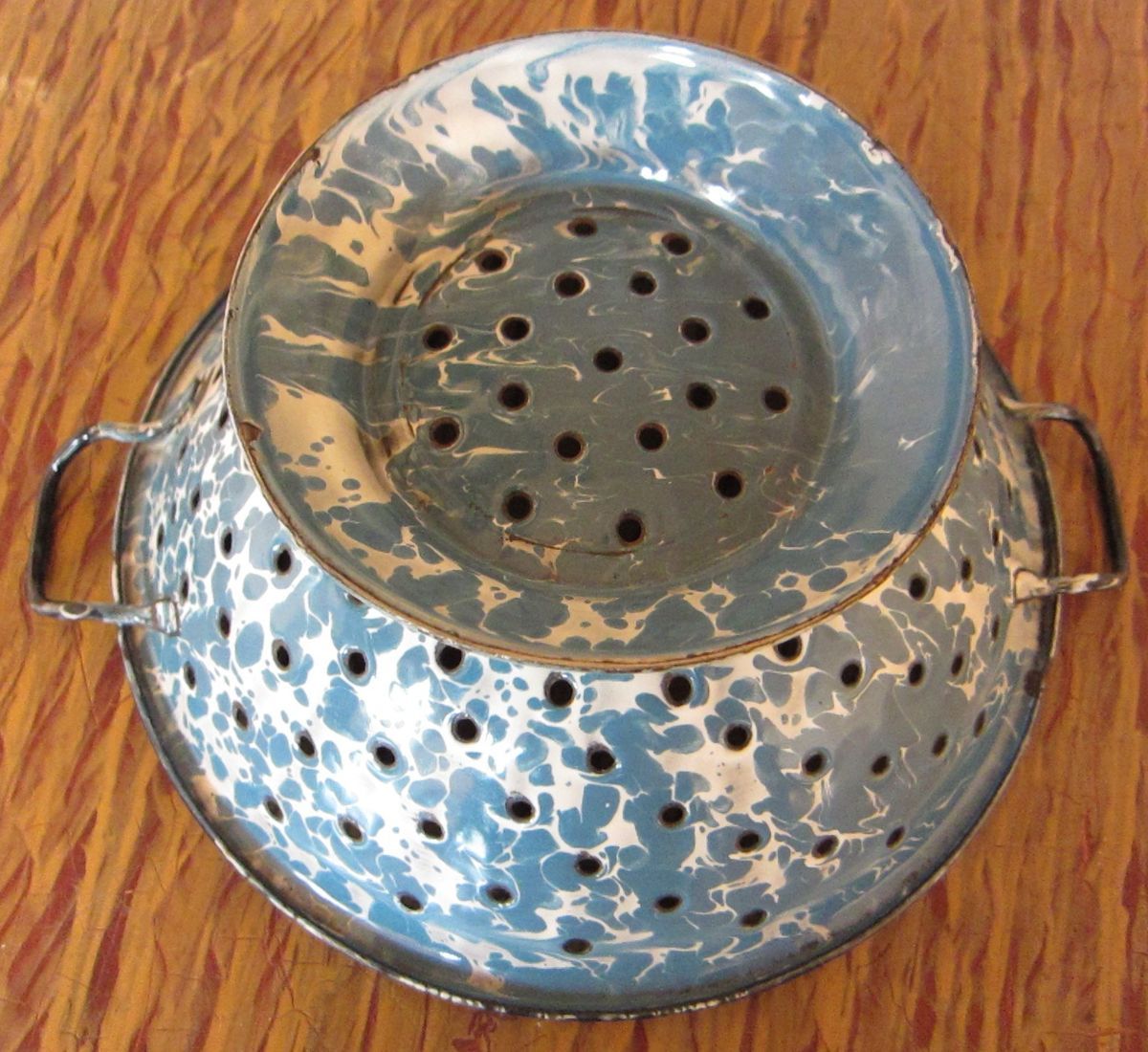 Antique Blue and White Swirl Graniteware Colander