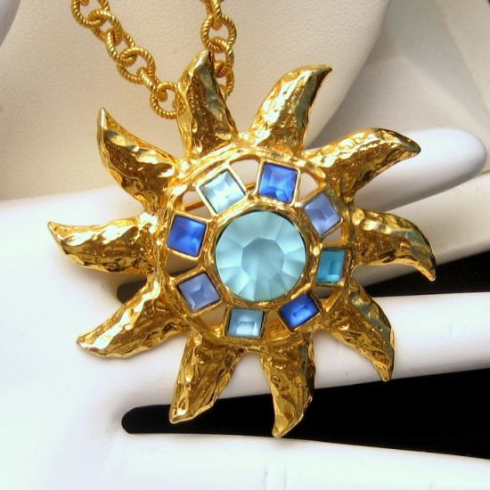 Graziano Vintage Large Star Sun Brooch Pin Pendant Necklace Blue Glass