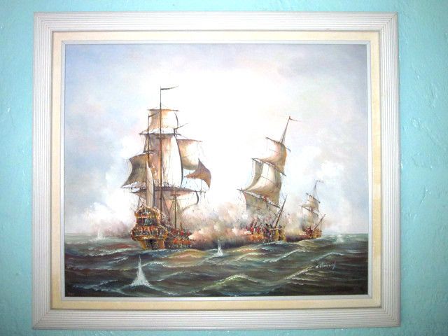 HARVEY OIL PAINTING THREE SHIPS NAUTICAL BATTLE ORIGINAL SIGNED