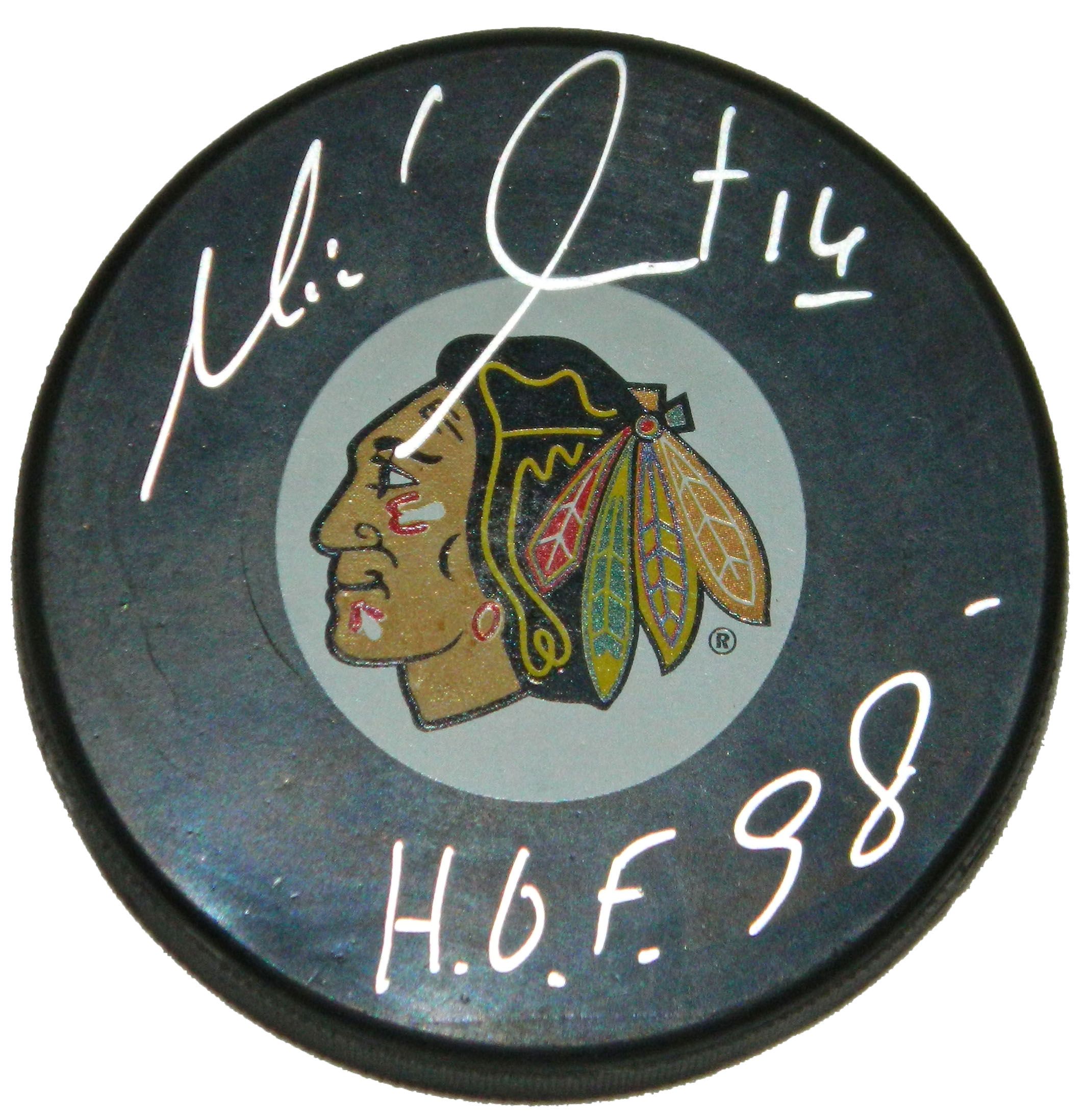Michel Goulet Signed Blackhawks Logo Hockey Puck w HOF98 Schwartz