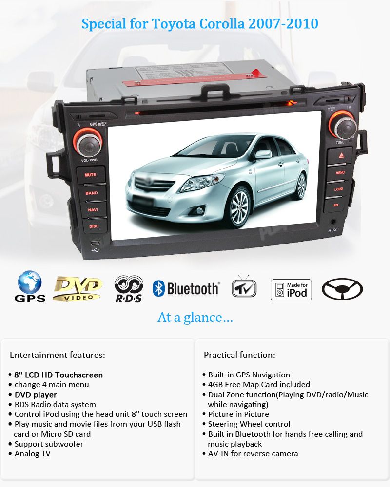 in Dash Car Stereo GPS Nav CD DVD BT iPod Radio for Toyota Corolla