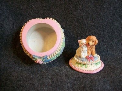 resin heart shaped puppy kitten trinket box