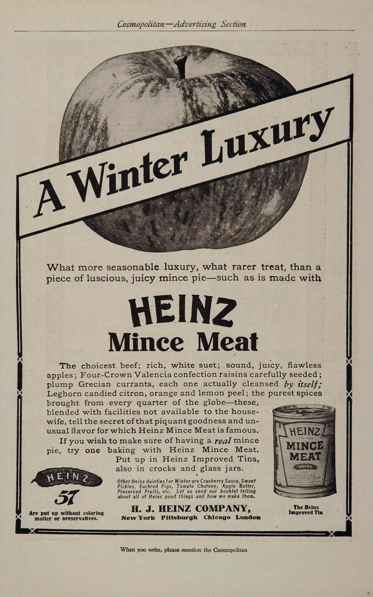 1907 Vintage Ad H J Heinz Mince Meat Canned Food Tin Original