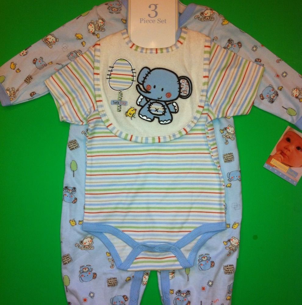 NEW Lets Play Elephant Baby Boys 3 Pc Outfit 9 Months Bib Bodysuit