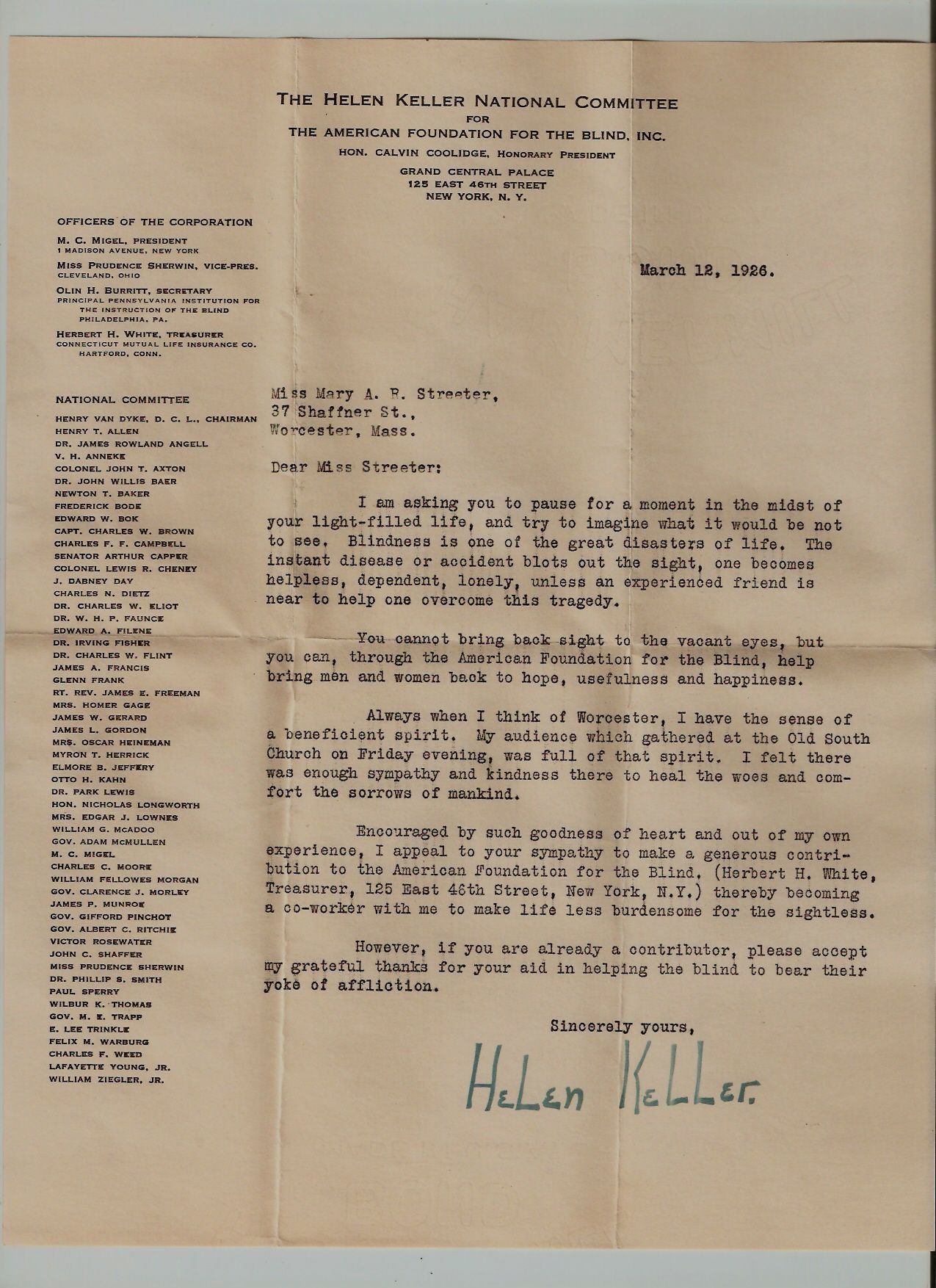 1926 Helen Keller AF Blind cover to Worcester, MA. & ALS Helen Keller