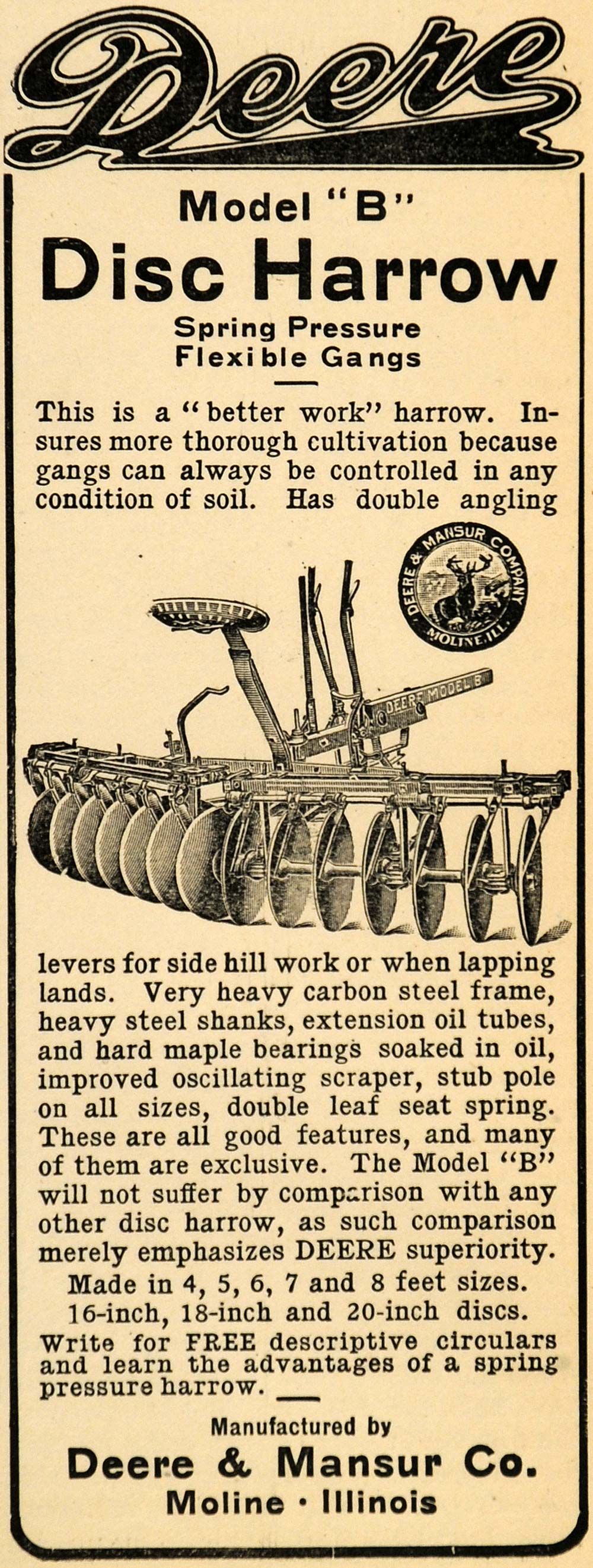 1907 Ad Model B Disc Harrow Spring Gangs Deere & Mansur   ORIGINAL