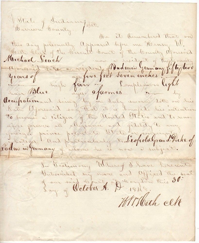  Harrison Co in Citizenship Document Michael Leach Signed Heth