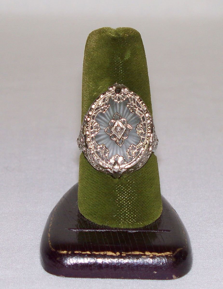 Vintage Art Deco Fancy Filigree Ring w Sunray Camphor Glass Diamond NR