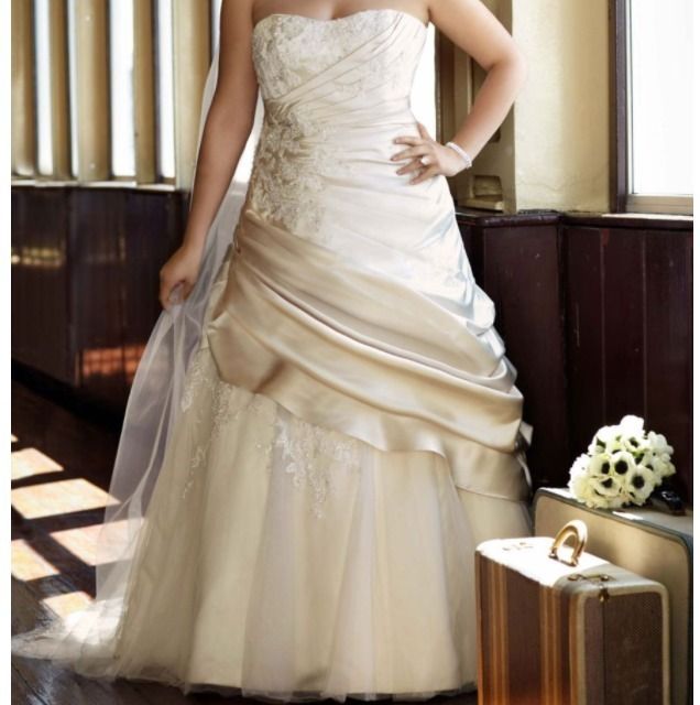 Davids Bridal Wedding Satin Ball Gown with Tulle Underlay and