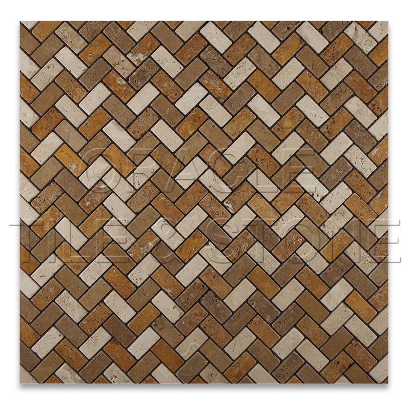 Mixed Travertine Tumbled Herringbone Mosaic Tile Mesh