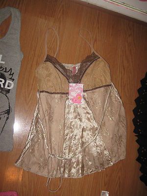 HEART SOUL Beige Brown Spaghetti Strap Lace Trim Back Tie Dressy Tank