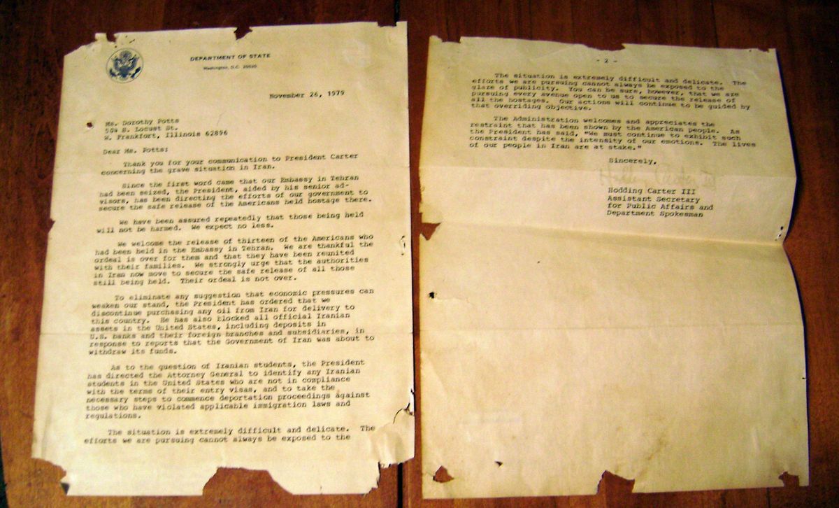 1979 Letter from Hodding Carter 111 Regarding Iran Hostages
