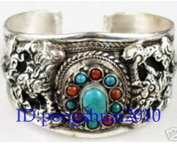  Tibet Silver Turquoise Coral Beads Carved Dragon Cuff Bracelet