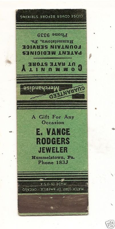 Vance Rodgers Jeweler Hummelstown PA Matchbook