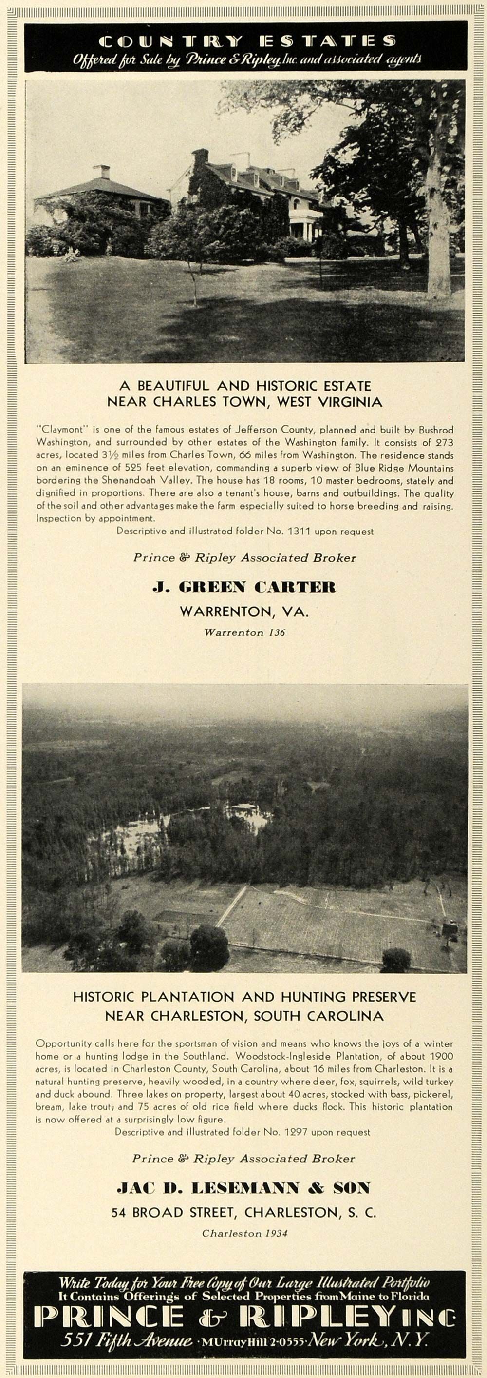 1936 Ad House Claymont Woodstock Ingleside Plantation   ORIGINAL