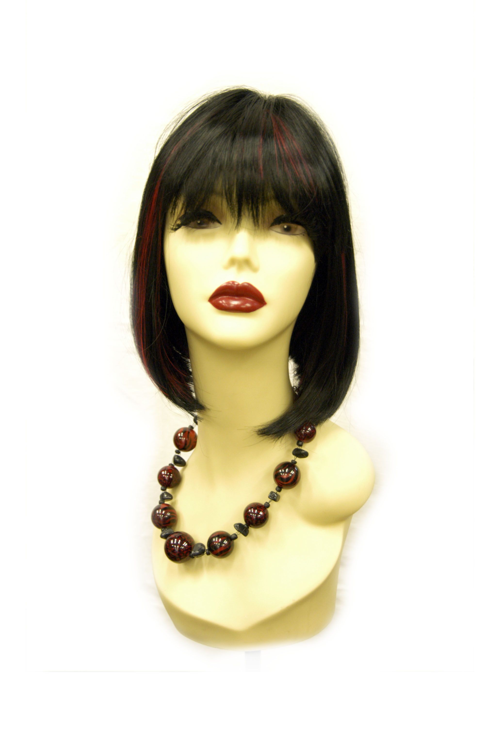 Short Full Wig Silky Straight Fashion Bob Black w Red Hair Highlight