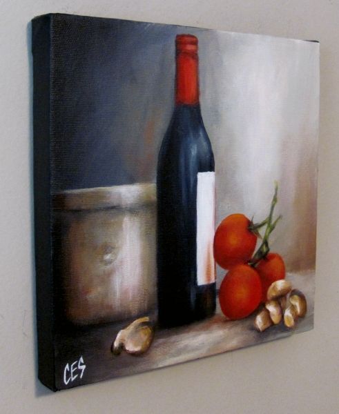 Original Daily Painting by CES Italian Wine Mushrooms Still Life Nfac