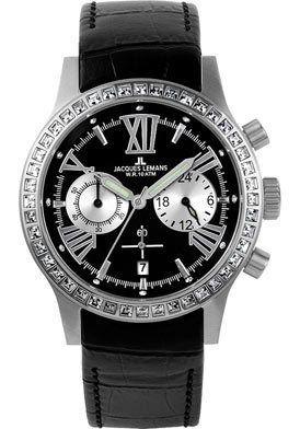 Jacques LeMans 1527A Swarovski Crystal Black Leather Band New