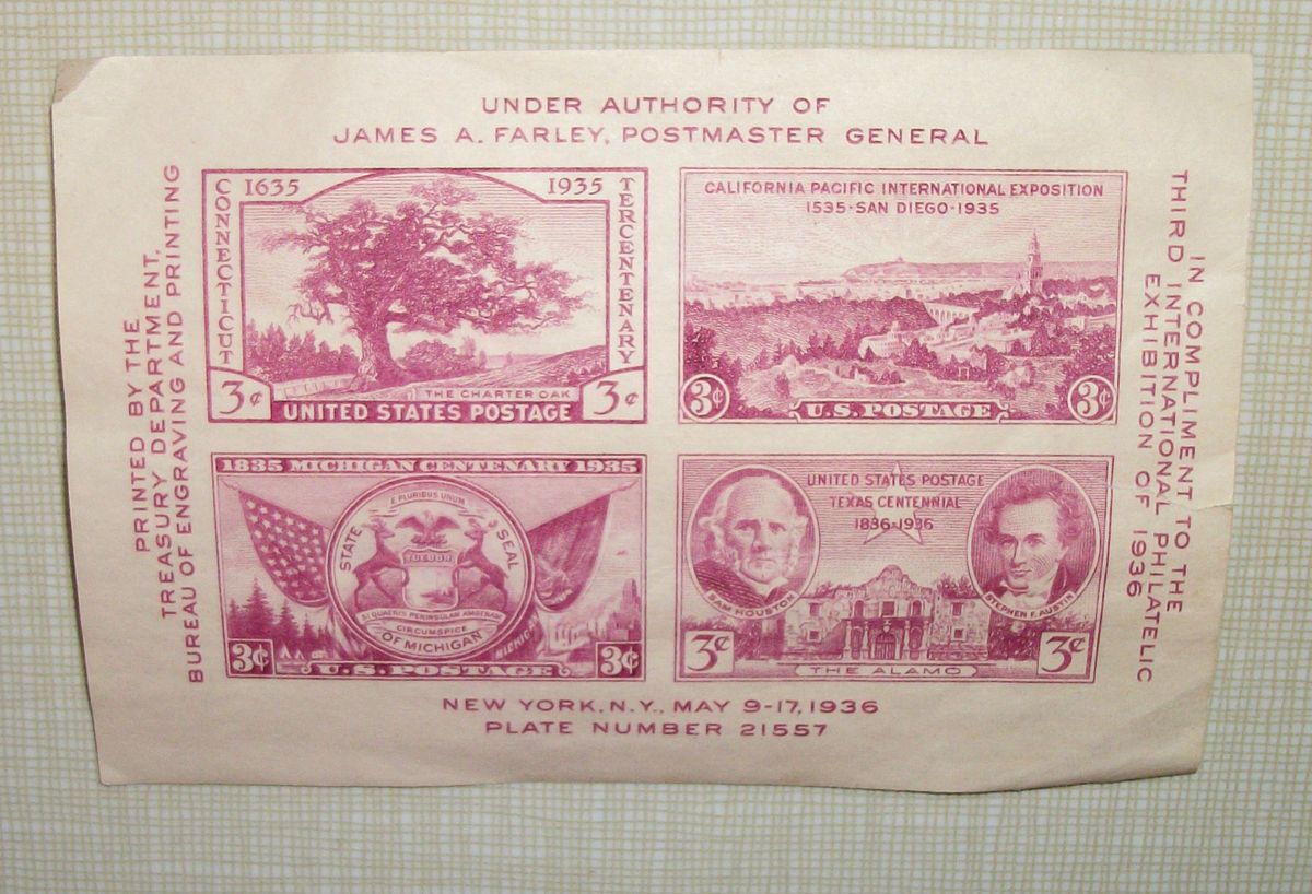 1936 JAMES A FARLEY PHILATELIC EXHIBITION SOUVENIR STAMP SHEET PLATE